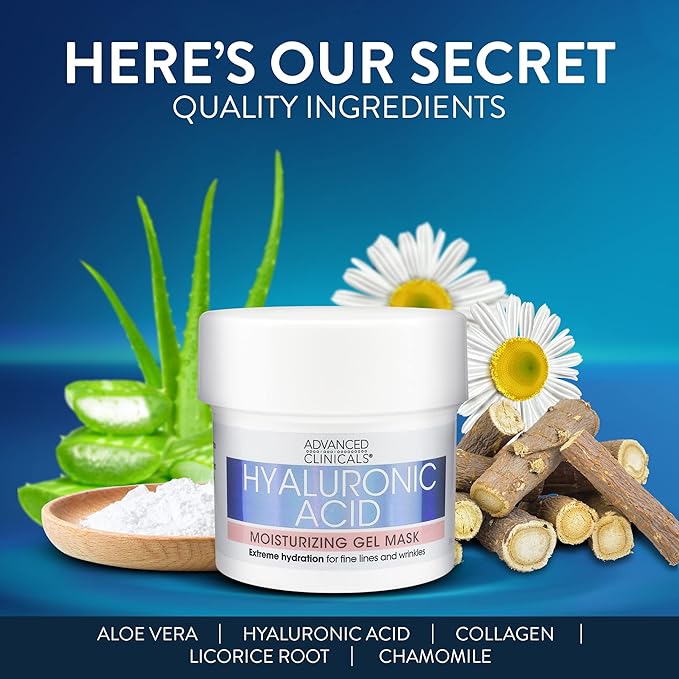 Advanced Clinicals Hyaluronic Acid Gel Facial Mask Skin Care Treatment, Brightening, Hydrating Anti Aging Face Mask & Moisturizer Helps Transform Dry Skin W/Collagen, Chamomile, & Aloe Vera, 5 Fl Oz