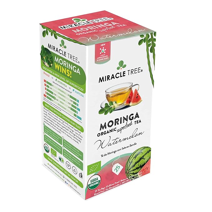 Miracle Tree - 6 Count of Organic Moringa Superfood Tea, 25 Individually Sealed Tea Bags, Watermelon (Keto, Detox, Energy/Immunity Booster, Vegan, Gluten-Free, Organic, Non-GMO, Caffeine-Free)