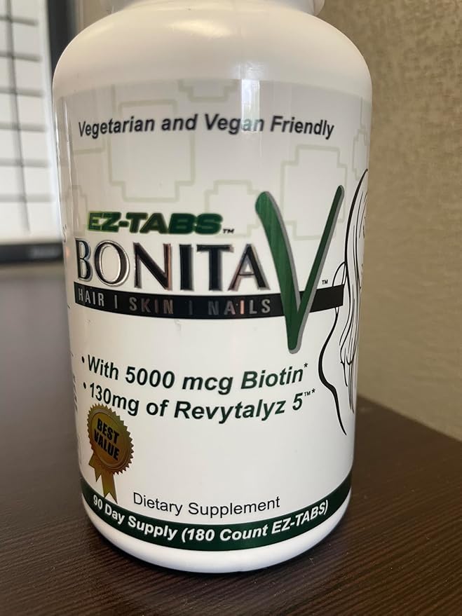 Bonita V Vegan Hair Nails and Skin Vitamins for Women - 20 Active Ingredients Including Biotin - Stronger Nails, Healthy Skin, Hair Growth - 180 EZ-TAB Veggie Tablets
