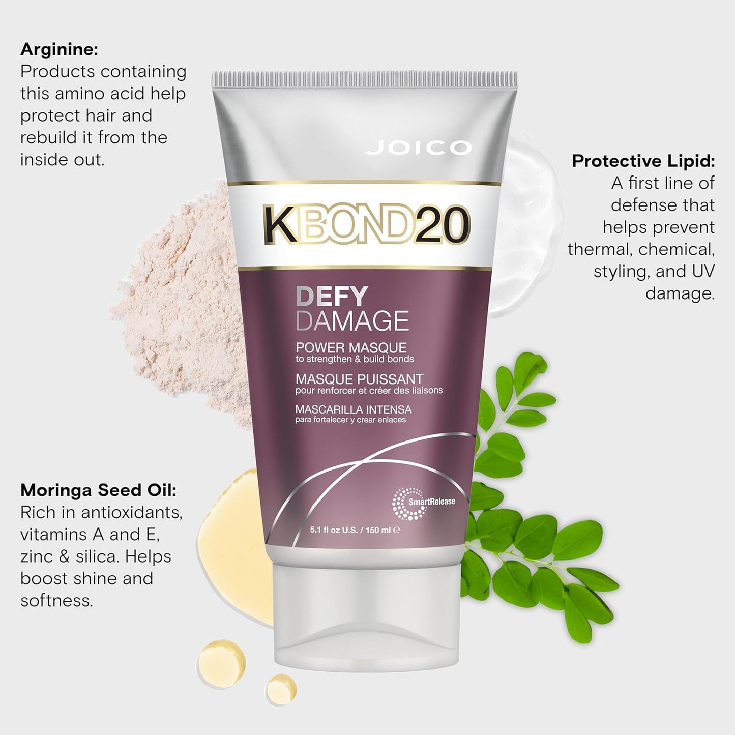 Joico Defy Damage KBOND20 Power Masque | For Stronger, Hydrated Hair | Color-Safe | Rebuild & Protect Bonds | Paraben-Free | Animal-Test Free Formula | 5.1 Fl Oz