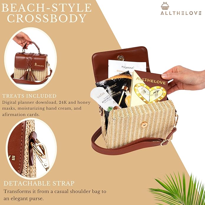 New Mom Spa Package – Luxury New Mom Care Set for Women with Chic Rattan Purse, Clickable Planner Download, Affirmation Cards, Hydrating Masks & Lotion – Thoughtful Gift for New Moms