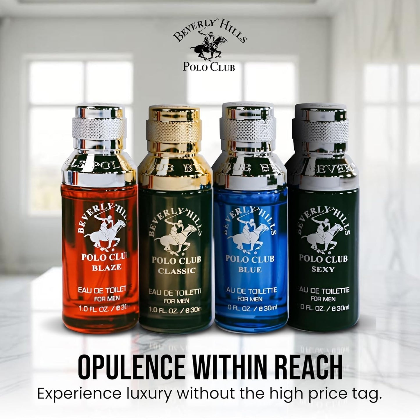 Beverly Hills Polo Club Men's Fragrance Collection - 4 Premium Eau de Toilette Colognes (1oz Each) - Diverse, Long-Lasting Scents: Blaze, Blue, Classic, Sexy - Ideal Gift Set for Him