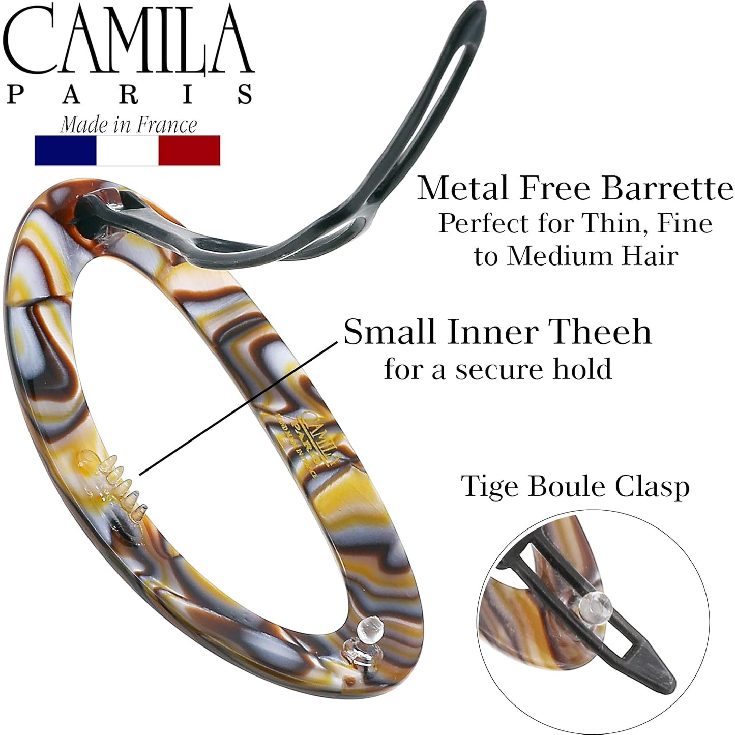 Camila Paris CP3362 French Hair Barrette Clip for Women, Handmade, Onyx, Slide-in Metal-Free Closure, Strong Hold Grip Hair Clips for Girls, No Slip Durable Styling Hair Accessories, Made in France