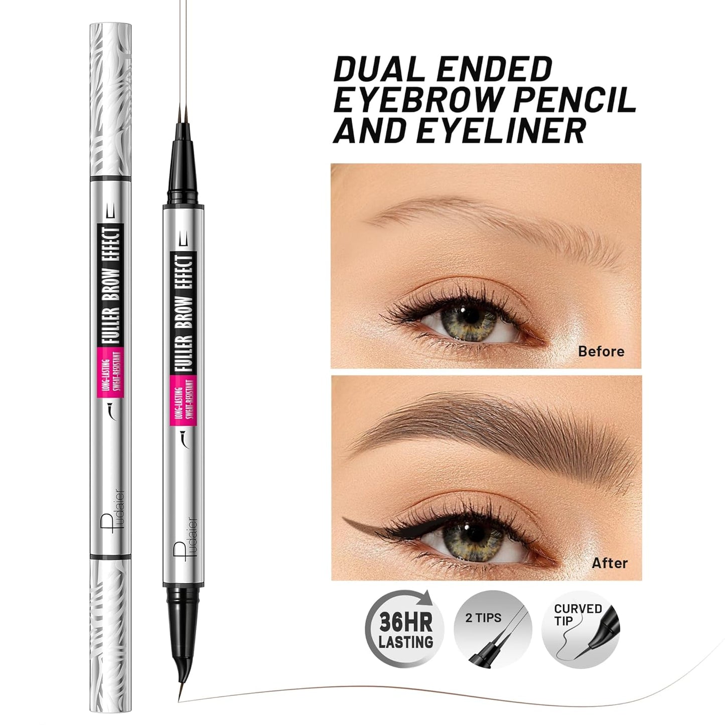 Pudaier 2 Pack 2 Fine Tip Eyebrow Pen, Waterproof Filling Faux Brow Makeup Pencils for Women with Precise Curved Brush-Tip to Fast Create Natural Hair-Like Brows, Last All-Day (Natural Brown)