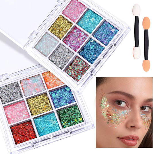 FANDAMEI Face Glitter, 2 PCS Face Glitter Gel 18 Grids, Body Hair Glitter for Kids Women for Makeup, Halloween Rave Concert Face Paint Glitter