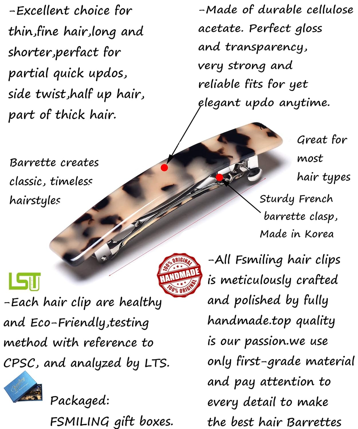 Fsmiling Hair Barrettes for Women French Hair Barrette Clip Small Acetate Hair Clips Barrette No Slip Hair Accessories 3-Pack