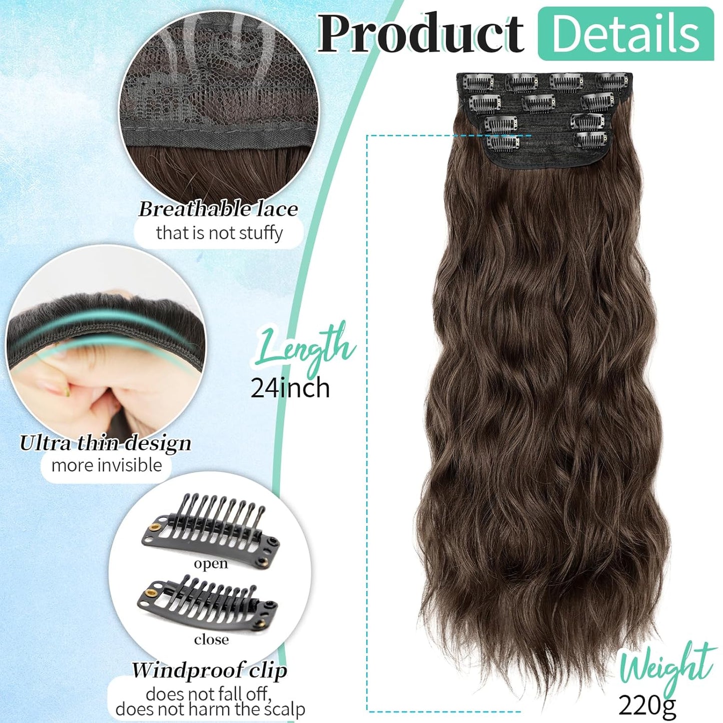 KooKaStyle Hair Extensions Long Wavy 4PCS Thick clip in hair extensions Hairpieces Chocolate Brown Fiber Double Weft Natural Synthetic Hair Extensions 24 Inch for Women