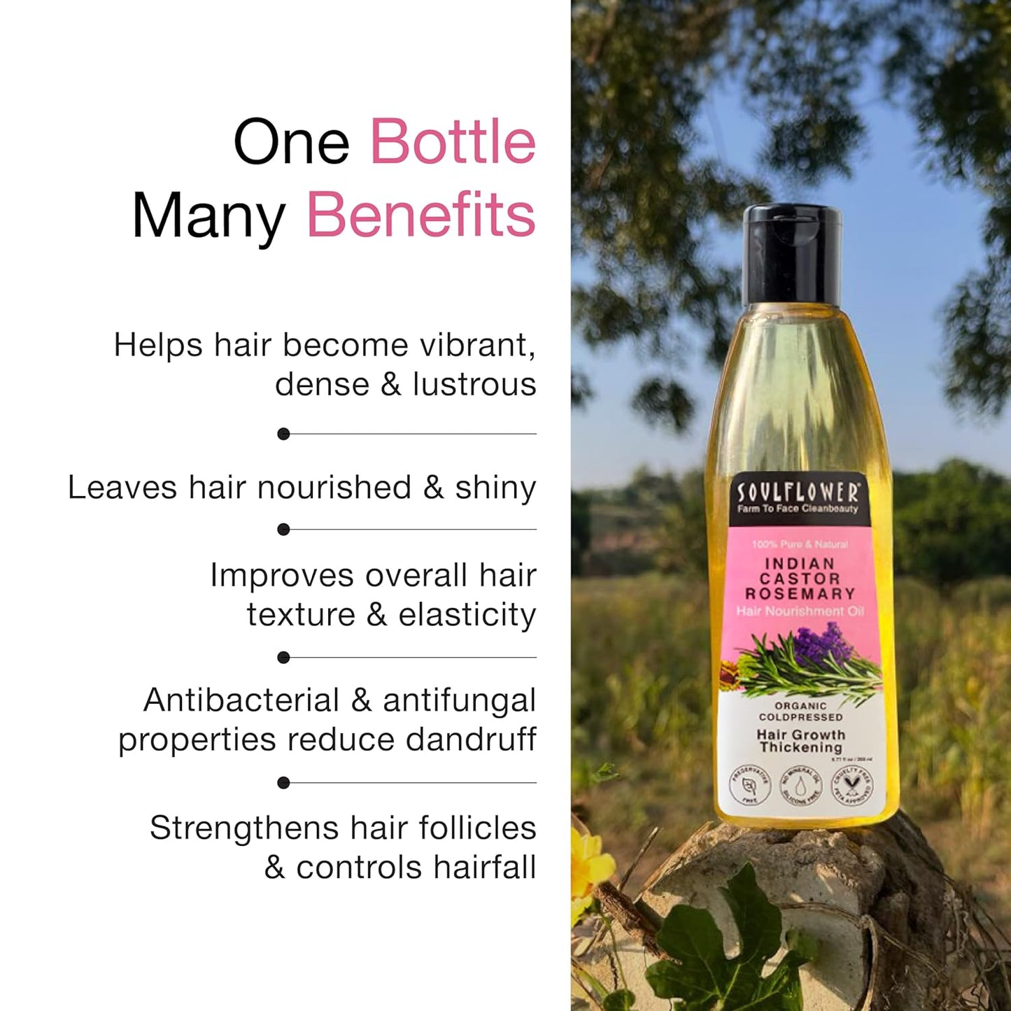 Soulflower Castor Rosemary Oil for Hair Growth, Hairfall Control, Strengthening Treatment, Volumizing For Dry, Damaged, Curly Hair, Enhance Thickness - 100% Pure, Organically Certified, 6.77 fl oz