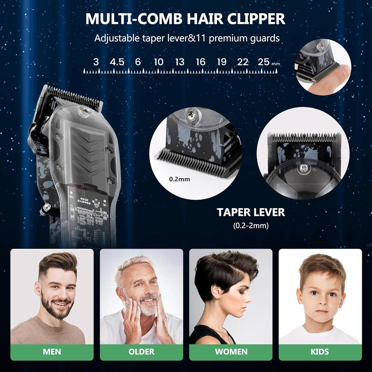 Professional Hair Clippers for Men, Cordless Barber kit for Hair Cutting & Grooming, Black Hair Clippers Set for Barber Haircut with LED Display 8 Fade Taper Combs