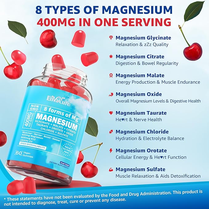 Magnesium Gummies 400mg | as 8 Forms of Magnesium Glycinate, Malate, Citrate, Taurate, Oxide, and More | with Ashwagandha Extract, D3 & B12 Supports for Calm, Zzz, Mood, Muscle Cramp - Vegan 60 Cts