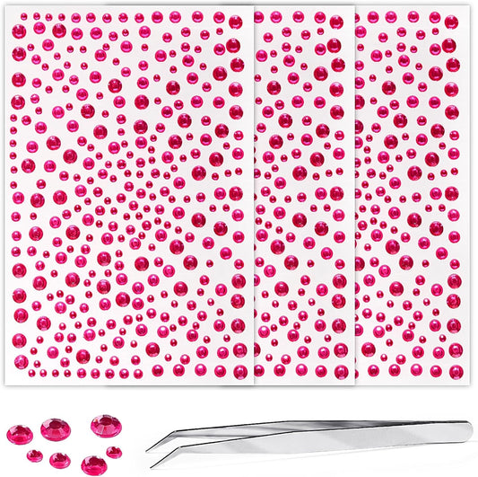 Self Adhesive Face Gems and Pearls for Makeup, Festival Jewels, Hair Gems, Rhinestone Stickers for Face, Eye, Makeup, Nail, Body, Crafts 3/4/5/6 mm 975Pcs (06.gem_Rosered)