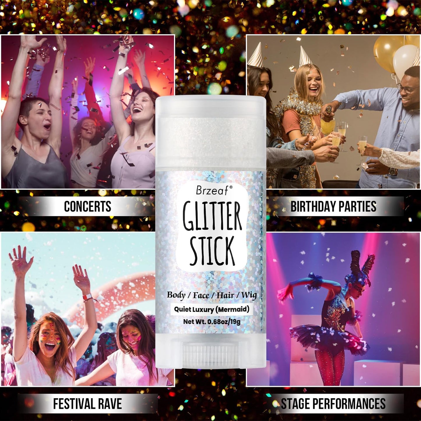 Brzeaf Waterproof Mermaid Glitter Stick, Shimmery& Long Lasting, Hair Eyeshadow Face Body Glitter, Singer Concert Music Rave Festival, Glitter Stick Makeup for Women Men