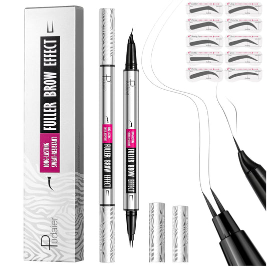 Pudaier 2 Pack 2 Fine Tip Eyebrow Pen, Waterproof Filling Faux Brow Makeup Pencils for Women with Precise Curved Brush-Tip to Fast Create Natural Hair-Like Brows, Last All-Day (Charcoal Grey)