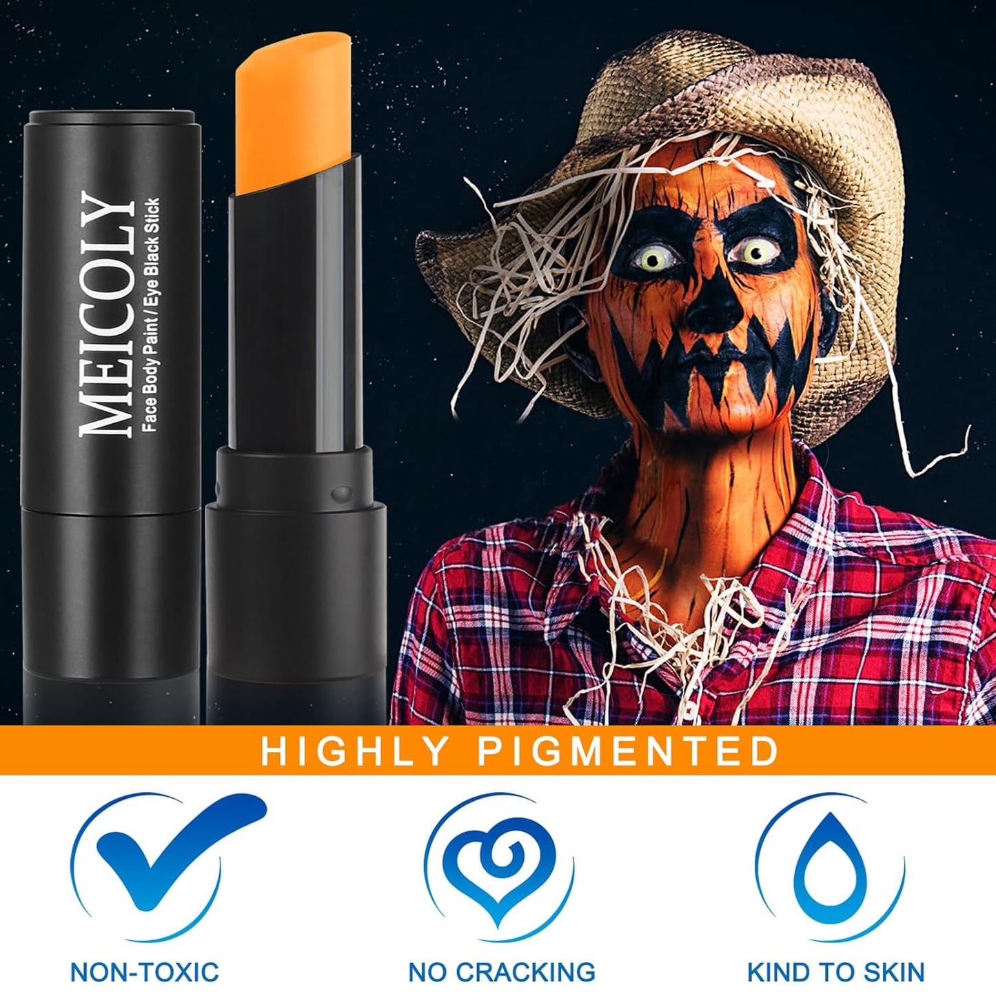 MEICOLY Orange Face Body Paint Stick for Halloween SFX Pumpkin Tiger Lion Cosplay Makeup,Orange Face Paint for Adults and Kids,Waterproof Eye Black Stick for Baseball Softball Football Lacrosse