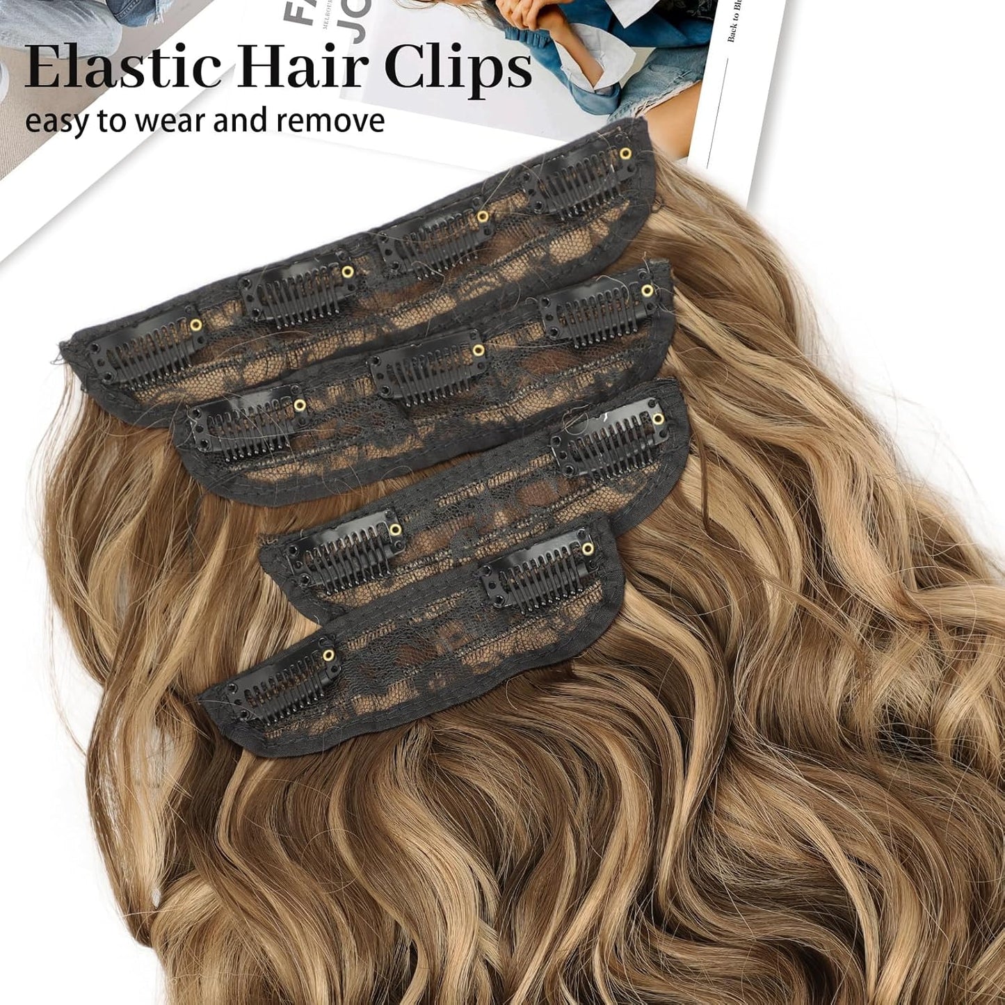 KooKaStyle Hair Extensions Medium Brown mix Caramel Blonde Clip in Synthetic Highlight Hair Extensions Long Wavy 4PCS Thick Hairpieces 20 Inch for Women