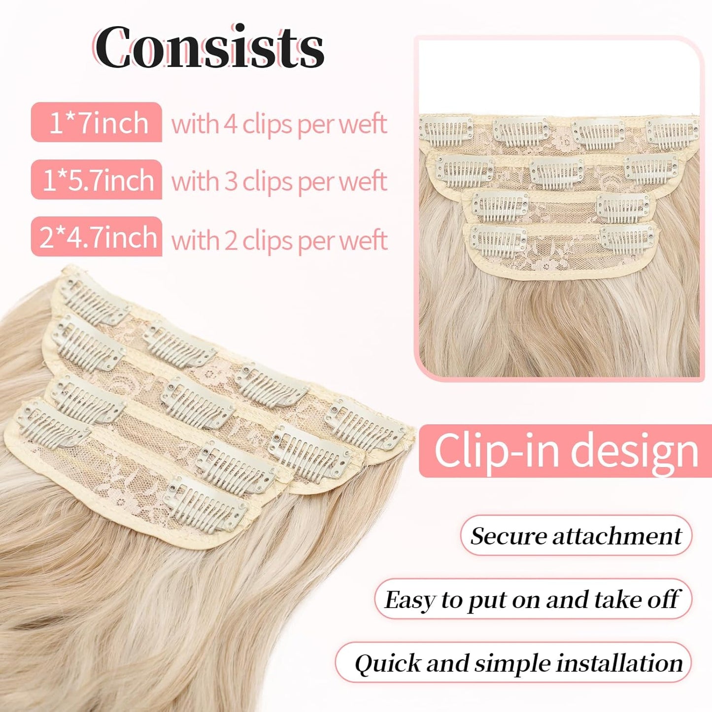 KooKaStyle Clip in Long Wavy Synthetic Hair Extension 20 Inch Pearl Blonde 4PCS Thick Hairpieces Fiber Double Weft Hair for Women