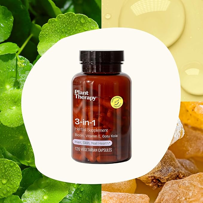 Plant Therapy 3-in-1 Herbal Supplement Capsules, Radiant Skin, Hair Growth, Strong Nails, Potent 3,500 mcg of Biotin, 120 Vegetarian Capsules (4 Month Supply), Made in The USA