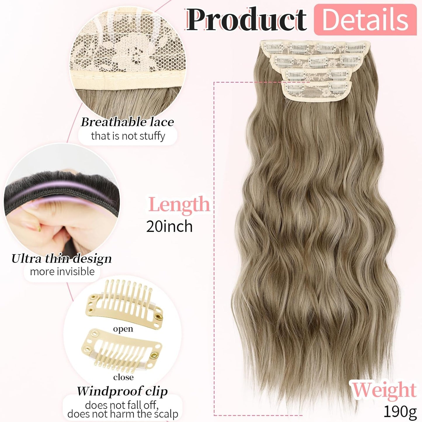 KooKaStyle Hair Extensions Ashy Taupe Blonde Clip in Synthetic Highlight Long Wavy 4PCS Thick Hairpieces for Daily Use 20 Inch for Women