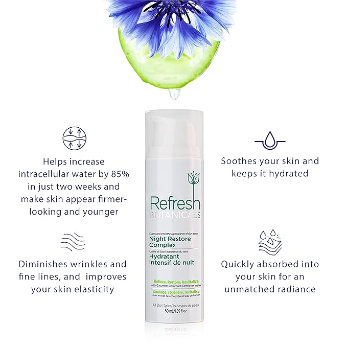 REFRESH BOTANICALS Night Restore Complex | Youth-restoring Night Cream with Cucumber and Cornflower | For Dry to Normal Skin Types | Organic & Natural | Paraben & Chemicals free | 50 ml