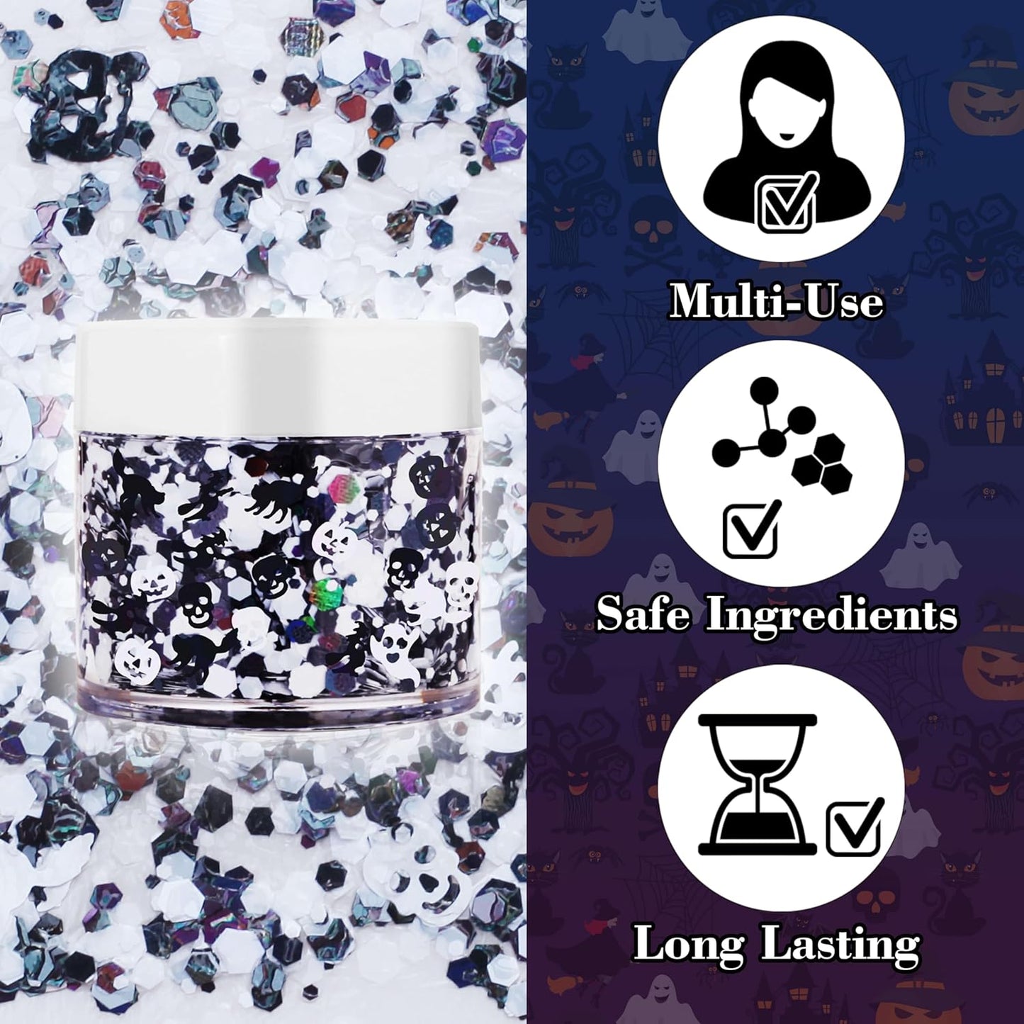 Halloween Body Glitter Gel,Black White Skull Pumpkin Professional Vibrant Music Festival Party Rave Accessories,Sparking Chunky Face Glitter Paint Makeup for Women and Kids
