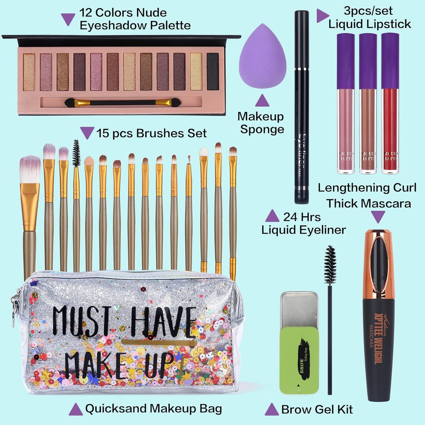 All in One Makeup Set For Women Full Kit - 12 Colors Eyeshadow Palette, Black Mascara Eyeliner Pen, 3pcs Matte Liquid Lipstick, Eyebrow Soap Gel Kit, 12 pcs Brushes & Sponge with Makeup Bag Gift Set