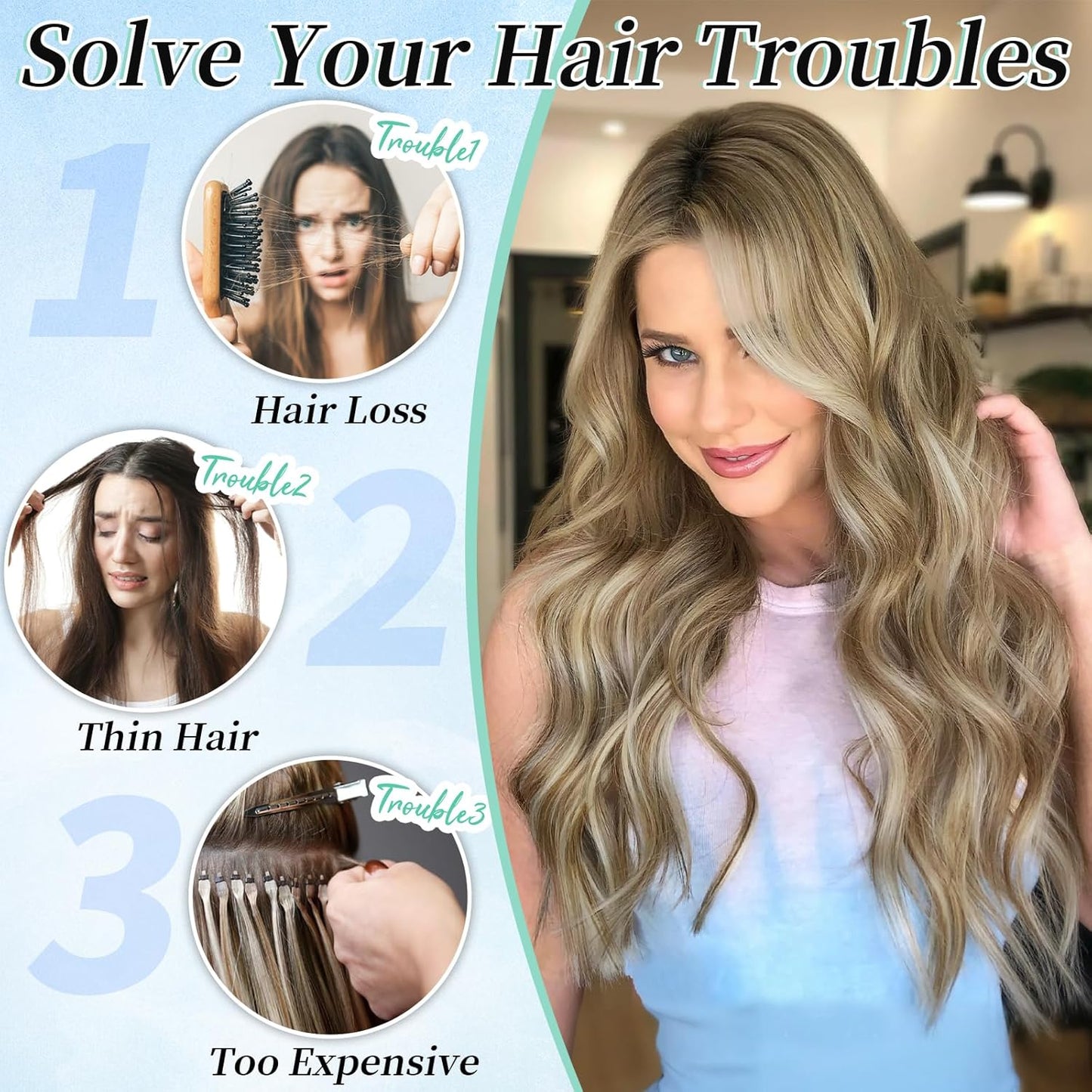 KooKaStyle Clip in Synthetic Hair Extensions Long Wavy 4PCS Thick Hairpieces Light Brown mix Light Blonde F8/613 Fiber Double Weft Natural Hair Extensions 20 Inch for Women