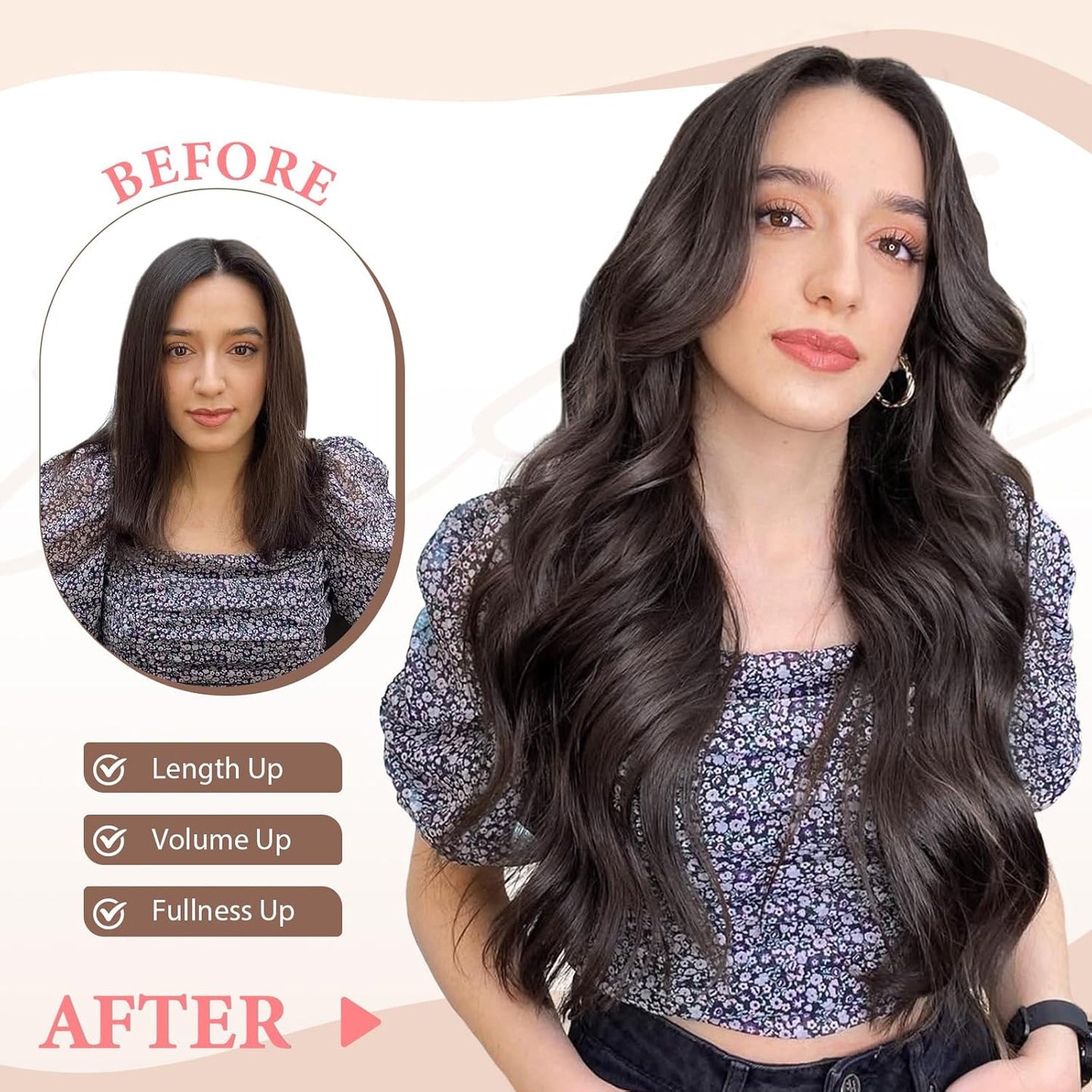 Synthetic Clip in Hair Extensions, 6 PCS Natural & Soft Hair & Blends Well Hair Extensions, Dark Brown Long Wavy Hairpieces(20inch, 6pcs, Dark Brown)