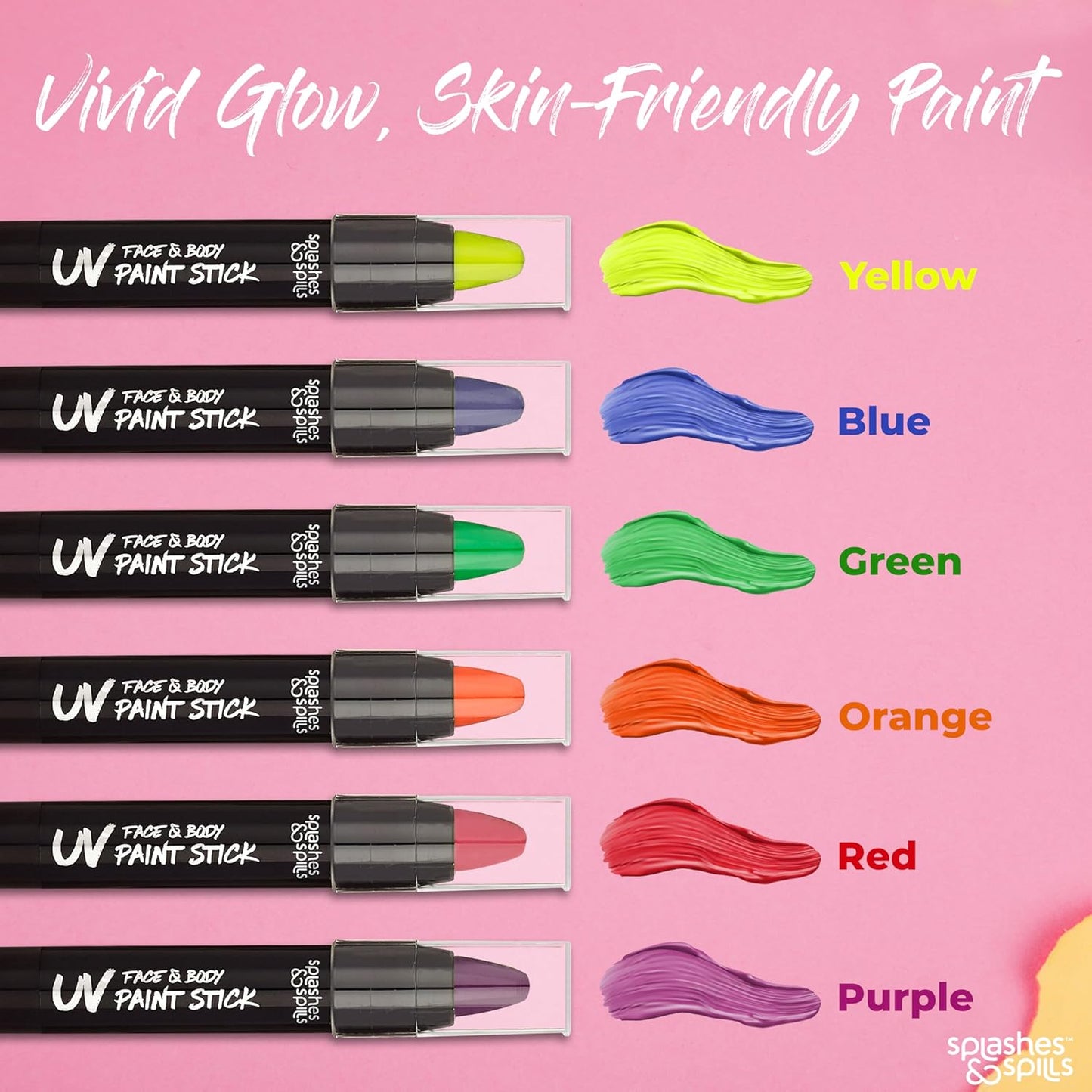 Splashes & Spills UV Face and Body Paint Sticks - UV Body Paint, UV Face Paint for Costume, Cosplay, Theater, Club - Glows Under UV Light - Black Light Paint For All Skin Types (6 Colors)