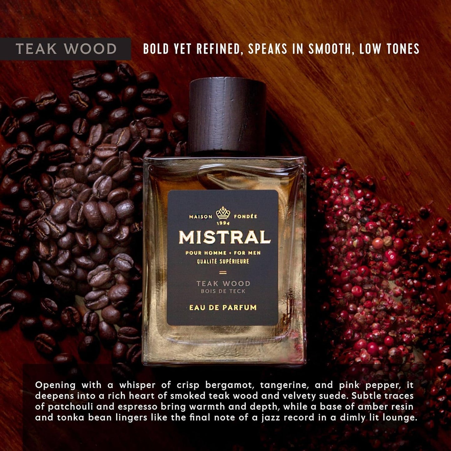 Mistral Men’s Cologne – Teakwood Eau de Parfum | Woody & Earthy Masculine Scent with Citrus, Jasmine, Patchouli & Musks | Cruelty-Free & Long-Lasting Perfume for Men, Made in France - 3.4 Oz
