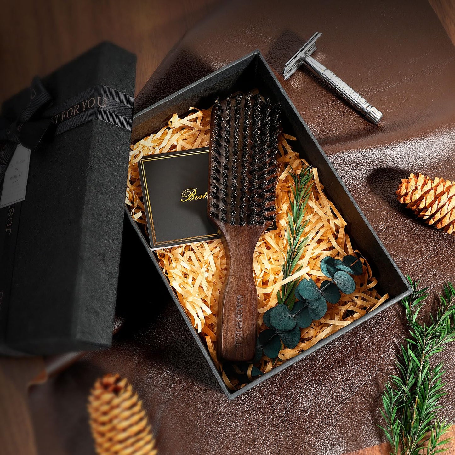 Wild Boar Bristle Hair Brush for Men - Slick Back Hair Brush - Stiff Boar Bristles for Thick Hair, Natural Black Walnut Wooden Handle Hairbrush, Beard Mustache Brush by GAINWELL