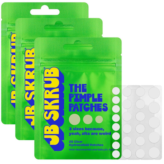 JB SKRUB The Pimple Patches for Face Acne, Ultra Discreet Clear Hydrocolloid Patches with Salicylic Acid & Niacinamide, Skin Care for Kids & Teens - 3 Packs of 25 Small, Medium & Large Spot Treatments