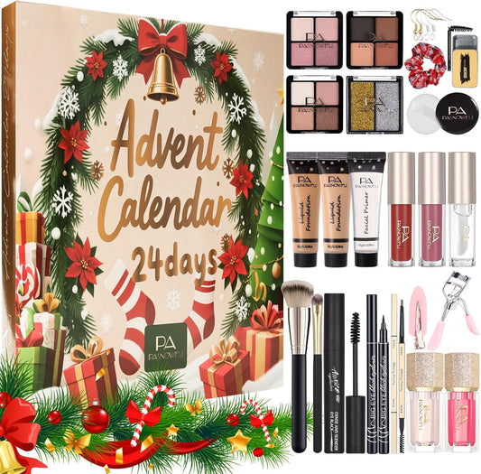 Makeup Advent Calendar 2025,24 Days Christmas Beauty Countdown Calendar Christmas for Women Teen Girl, 2025 Xmas Countdown Calendar Full Makeup Kits Mascara Lipstick Blush Eyeline Brush