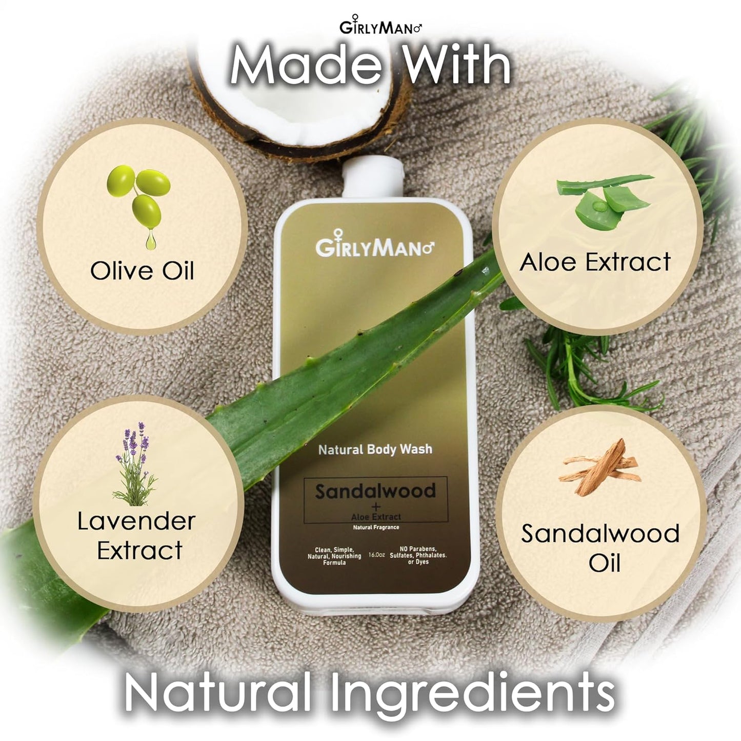 GirlyMan Natural Body Wash - Made with Olive Oil & Aloe Extract, No Artificial Fragrance, PH Balanced, Gentle Formula, Nourishing Ingredients, Family Owned (Sandalwood)