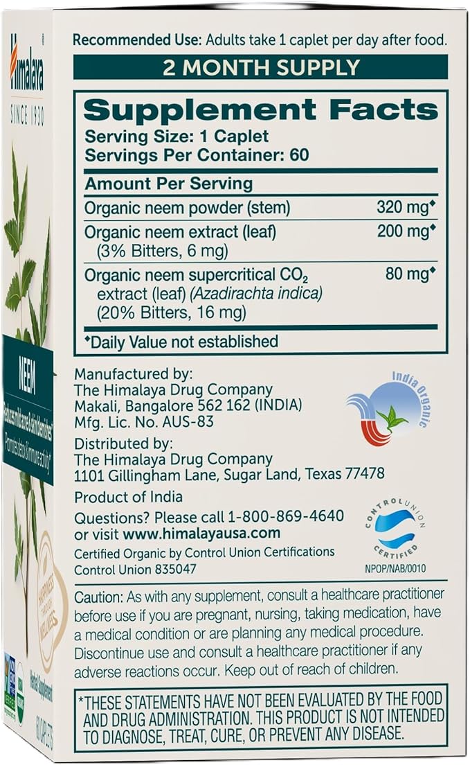 Himalaya Organic Neem Herbal Supplement, for Mild Acne & Clear Skin, Purifying, Ayurvedic, USDA Certified Organic, Non-GMO, Vegan, 600 mg, 60 Plant Based Caplets, 2 Pack