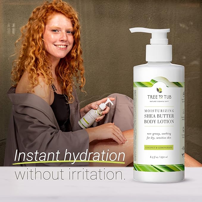 Tree to Tub Cocoa Butter Lotion for Sensitive Skin - Moisturizing Shea Butter Lotion for Extremely Dry Skin for Women & Men - Lemongrass & Coconut Body Cream w/Organic Aloe Vera, Colloidal Oatmeal