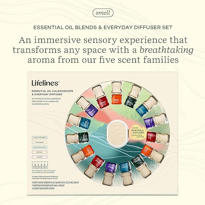 Lifelines Essential Oil Blends Collection Gift Set with Everyday Diffuser, 15-Pack - Blended Essential Oils for Aromatherapy Diffusers - Scented Fragrances for Joy, Calm, Focus & Energy