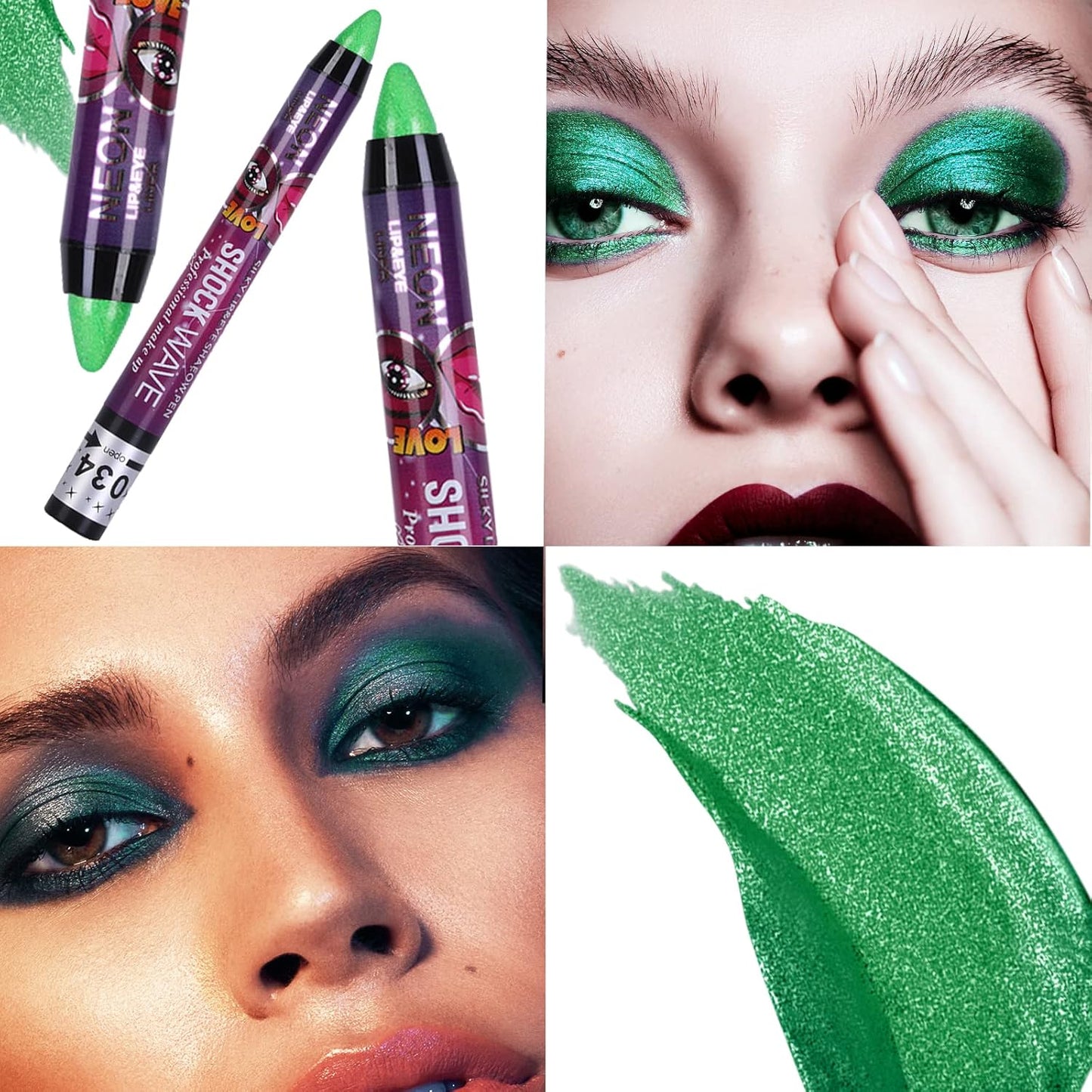 MEICOLY 2Pcs Green Eyeshadow Stick for Halloween Wicked Witch Elphaba Makeup,Metallic Shimmer Green Eye Shadow,Waterproof Shiny Bright Rotating Glitter Eyeshadow,St Patricks Day Accessories Eye Makeup