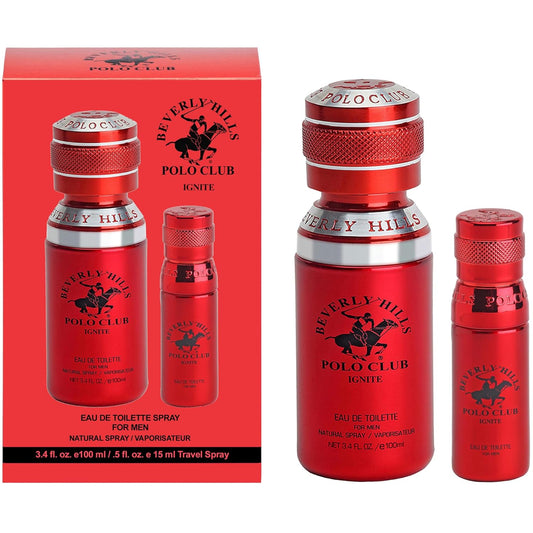 Beverly Hills Polo Club Ignite Men's Cologne Bonus Pack - Designer Eau De Toilette Spray Set 3.4oz & Travel 0.5oz - Long-Lasting, Alluring, Signature Fragrance for the Modern Man