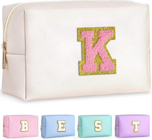TOPEAST Initial Cosmetic Bag, PU Leather Waterproof Travel Toiletry Bag, Monogrammed Gifts for Women, Personalized Birthday Gift for Sister Friends, Cute Stuff for Girls (Pearly White K)