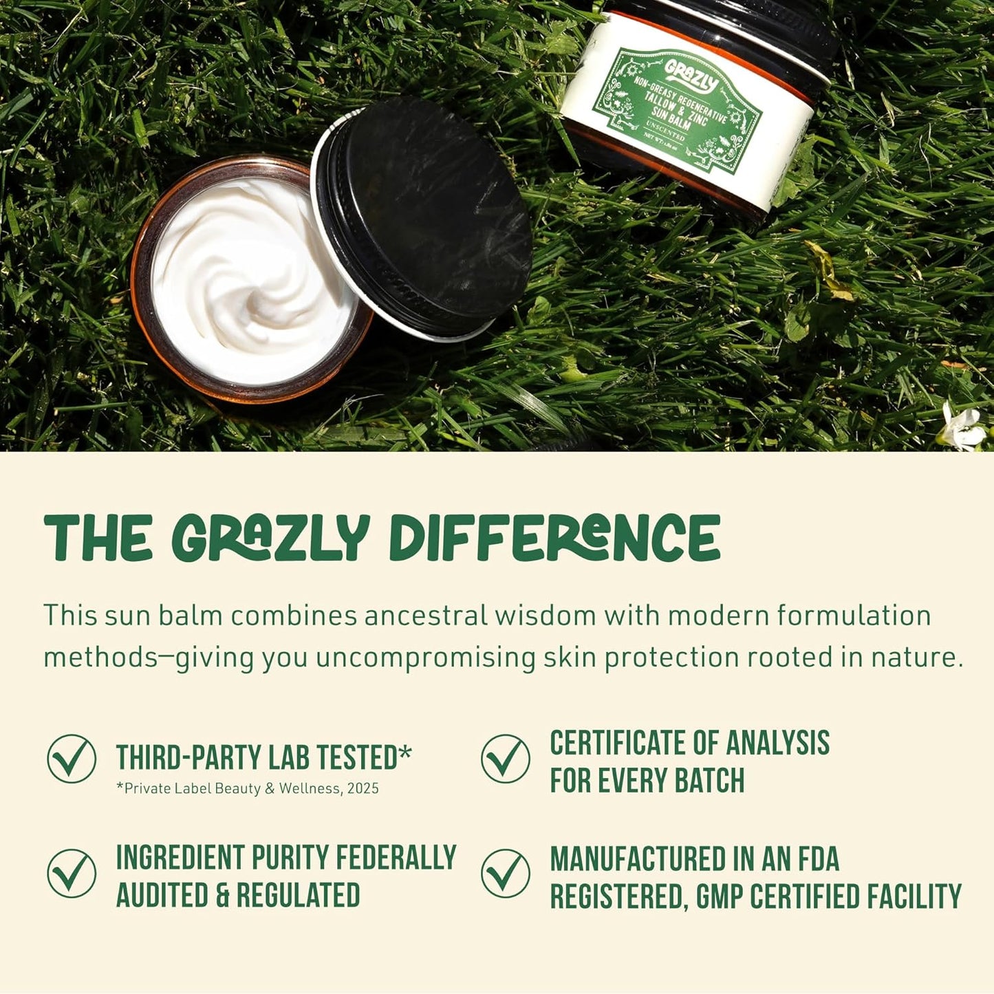 Beef Tallow Sunscreen SPF 35 – Unscented Water Resistant Zinc Sun Balm, Non-Greasy Natural Sunscreen for Face & Body – 4 Natural Ingredients: Non-Nano Zinc, Organic Coconut Oil, Beeswax- 1.8 oz