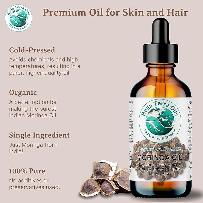 Bella Terra Oils - Organic Moringa Oil 16 oz - Cold-Pressed Mastery, Packed with Vitamins & Antioxidants, Impeccable for Natural Skin Nourishment