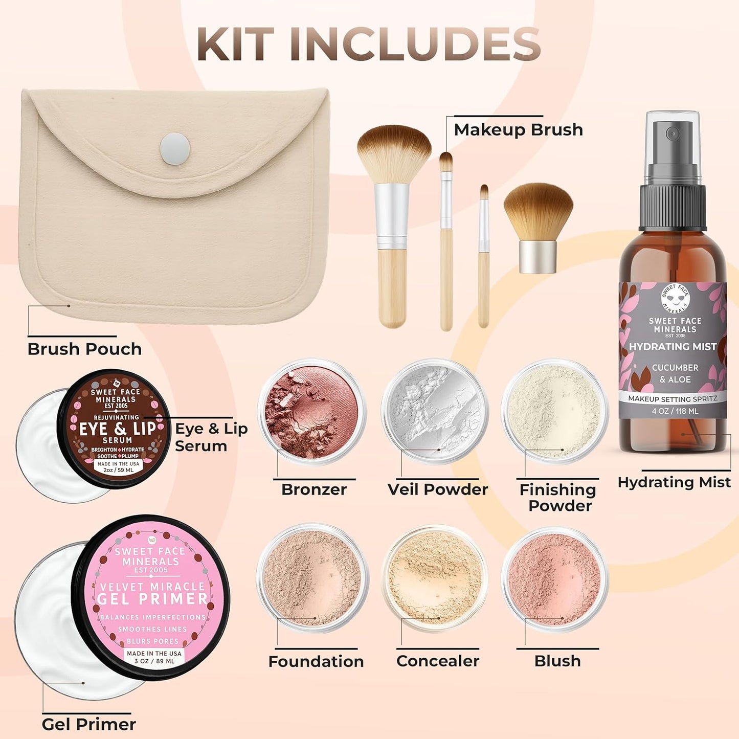 Timeless Look KIT (Light) Full Size Mineral Makeup Set Matte Foundation Bare Face Sheer Powder Cover