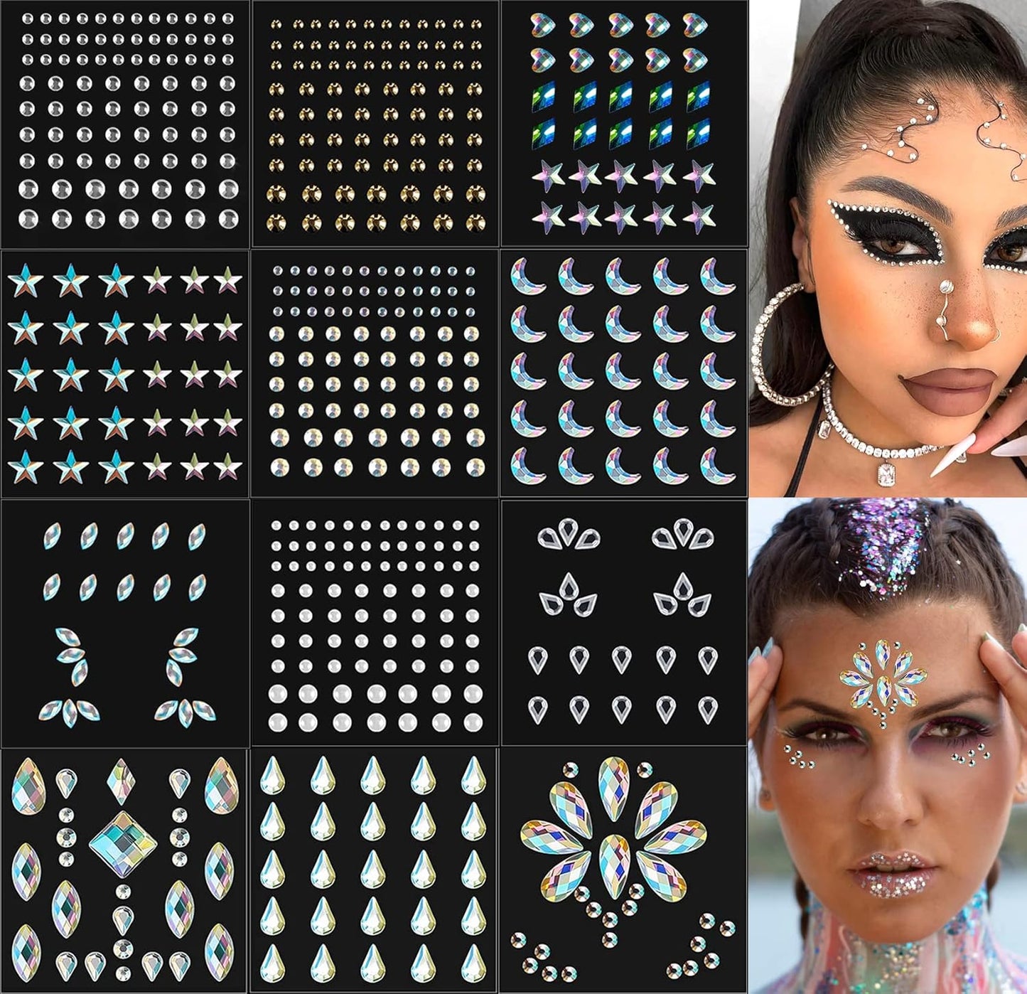 12 Sheets Self Adhesive Rhinestones for Makeup Eyes Face Jewels Gems Face Gems Stick on Rave Festival Accessories Costume For Women Bling Hair Rhinestone Stickers