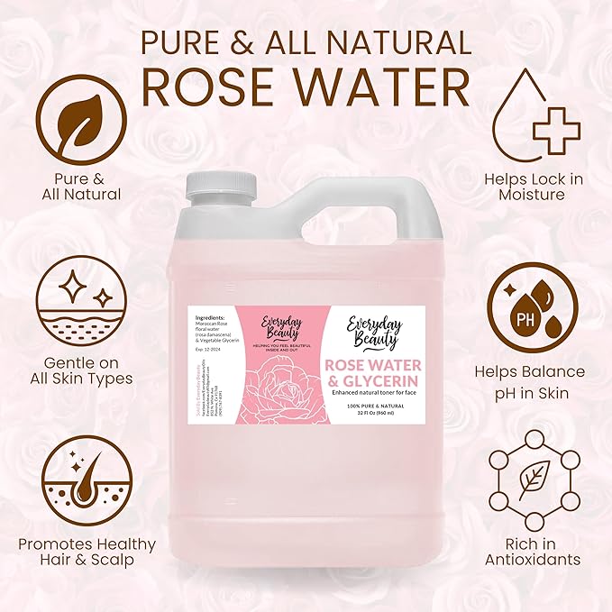 Rose Water & Glycerin Enhanced Facial Toner - 32oz Bulk Alcohol-Free Vegan All Natural Refreshing for Face and Hair - Uplifts, Calming & Soothing for All Skin Types…