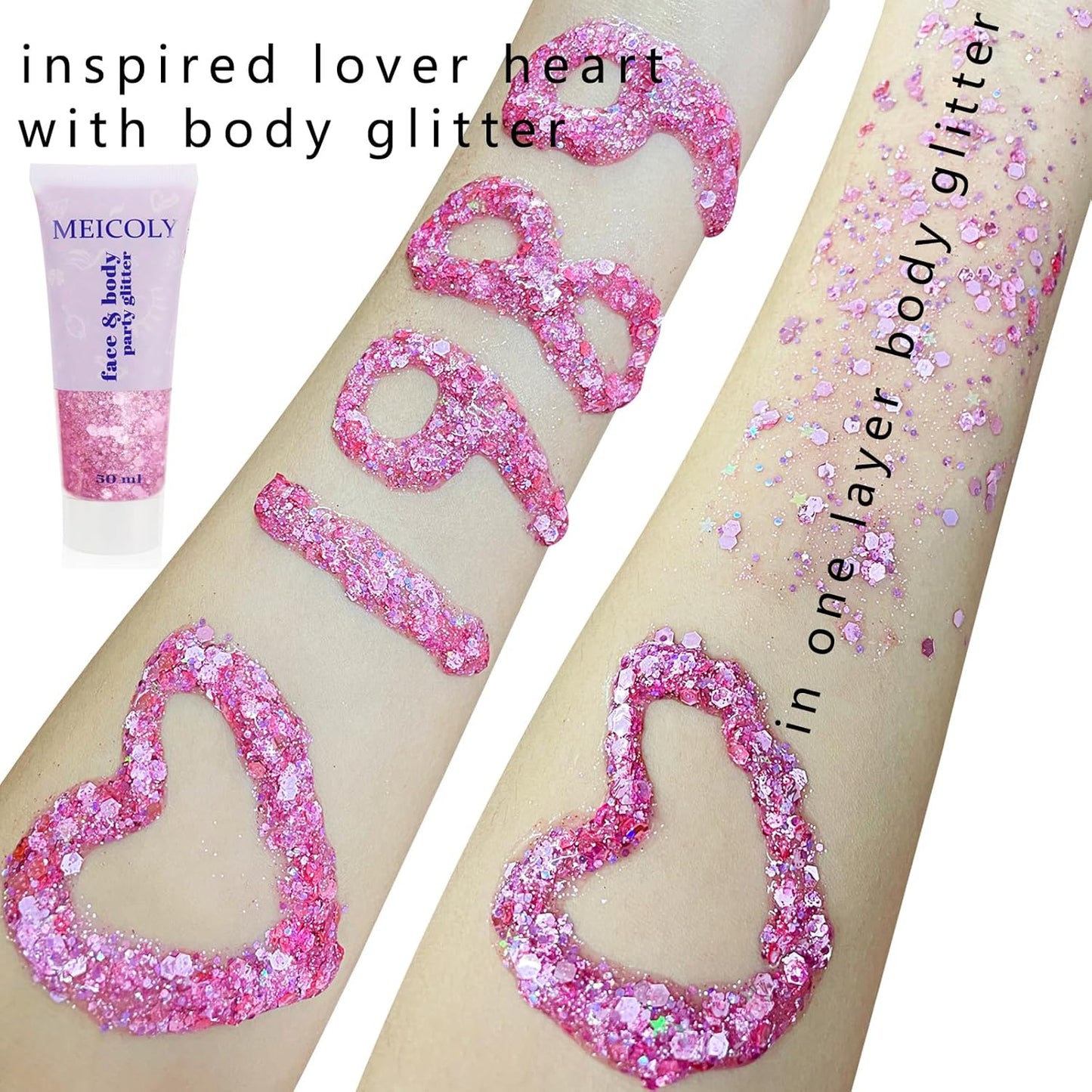MEICOLY Pink Face Glitter,Pink Body Glitter,Sparkly Hair Glitter,Pink Accessories for Spirit Week,Singer Concerts Lover Heart Chunky Glitter Makeup,Mermaid Glitter Face Paint