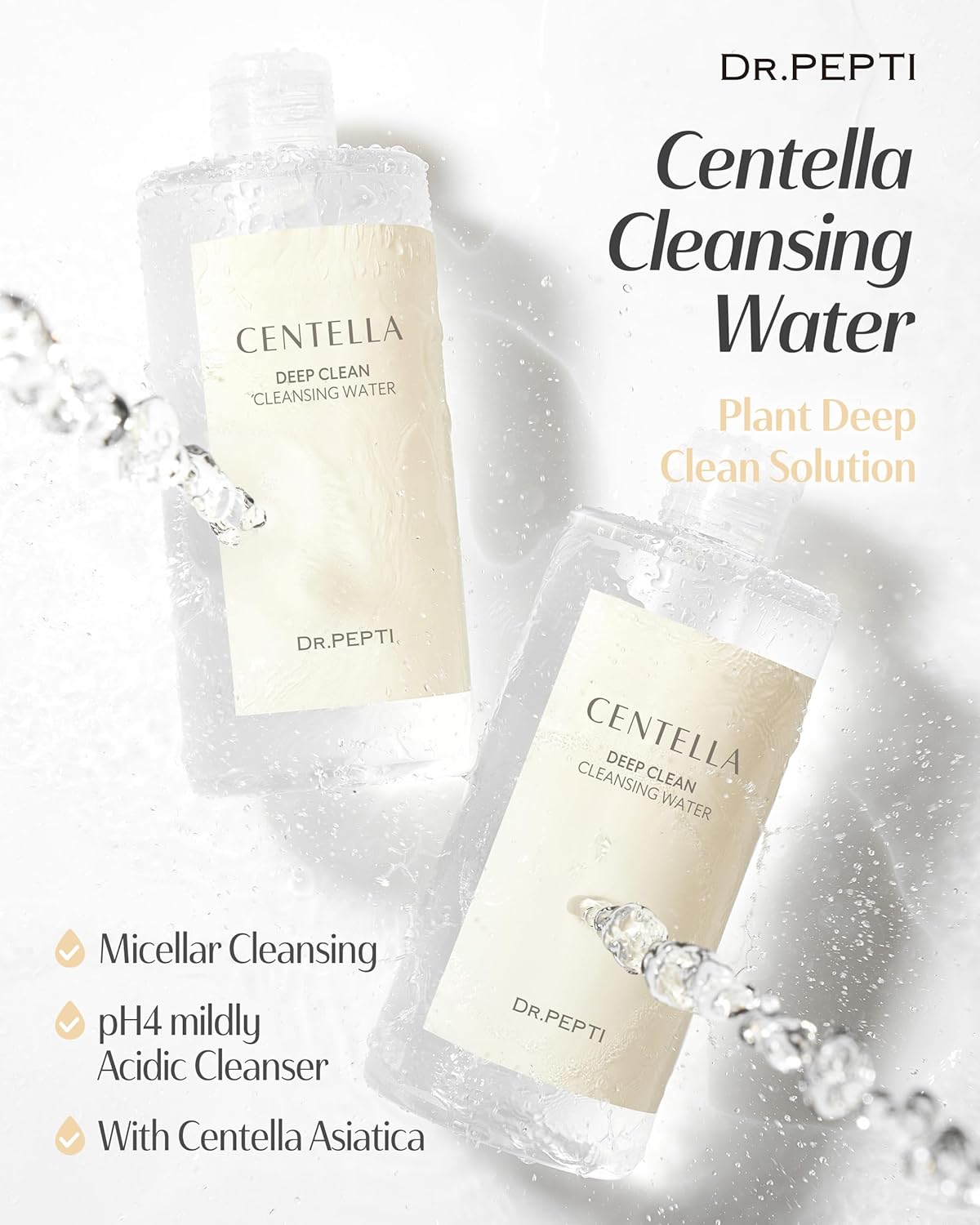 DR.PEPTI Centella Deep Clean Cleansing Water - Korean Micellar Makeup Remover Face Cleanser - pH Balancing Hydrating Gentle for Sensitive Dry Skin Apple Amino Acids Peptides, 13.5 fl.oz.