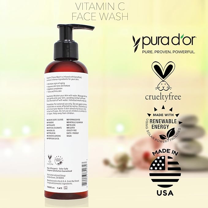 PURA D'OR Vitamin C Face Wash (8oz x3 = 24oz) Antioxidant Rich Facial Cleanser For Radiant Glow & Even Skin Tone - Gentle, Refreshing, Nurturing, Hydrating, Sulfate & Paraben Free Formula