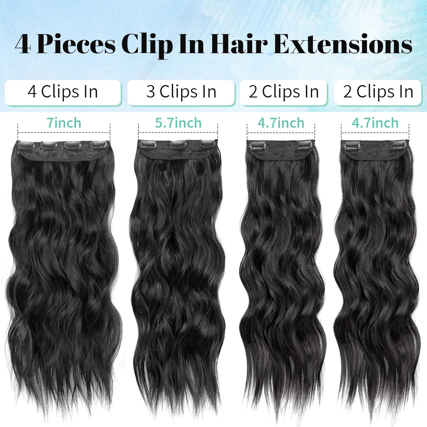 KooKaStyle Clip in Synthetic Hair Extensions Long Wavy 4PCS Thick Hairpieces Black Fiber Double Weft Natural Hair Extensions 16 Inch for Women