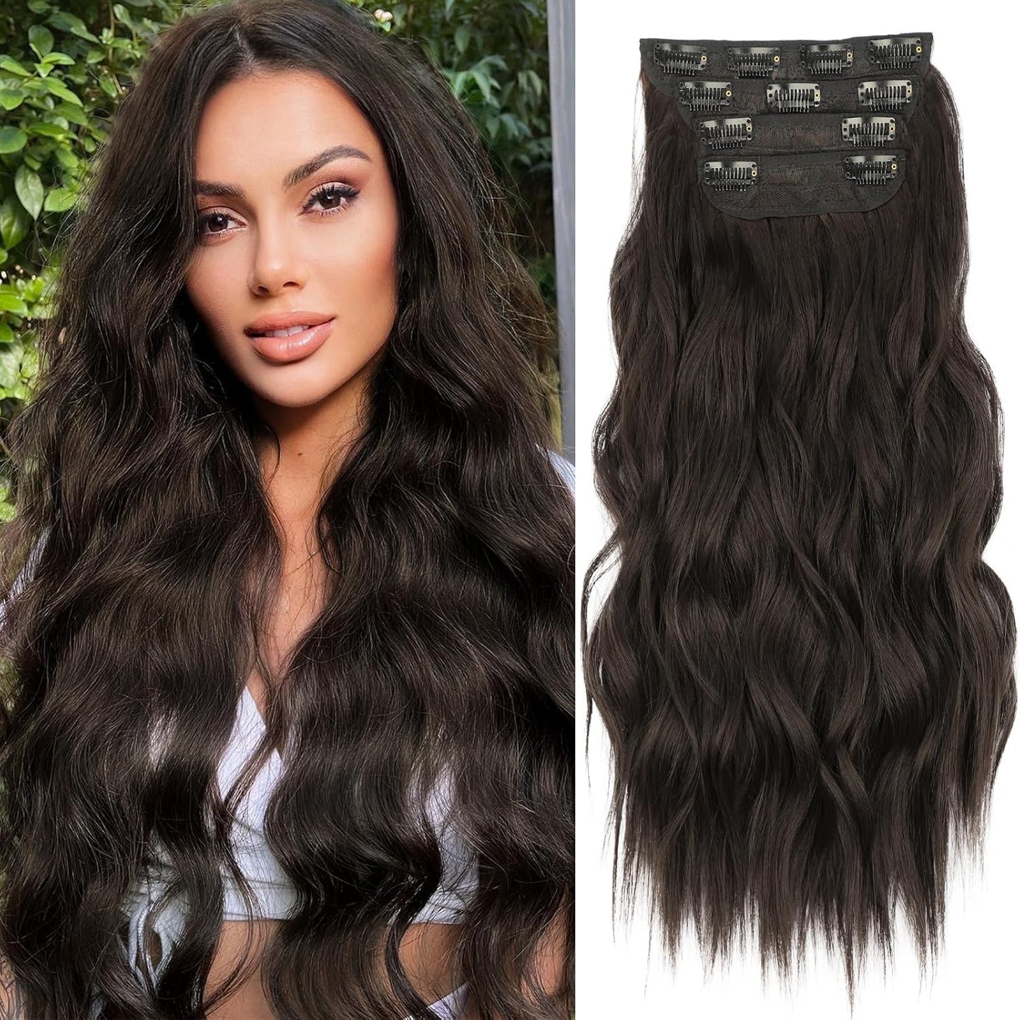 KooKaStyle Clip in Synthetic Hair Extensions Long Wavy 4PCS Thick Hairpieces Dark Brown 6# Fiber Double Weft Natural Hair Extensions 16 Inch for Women
