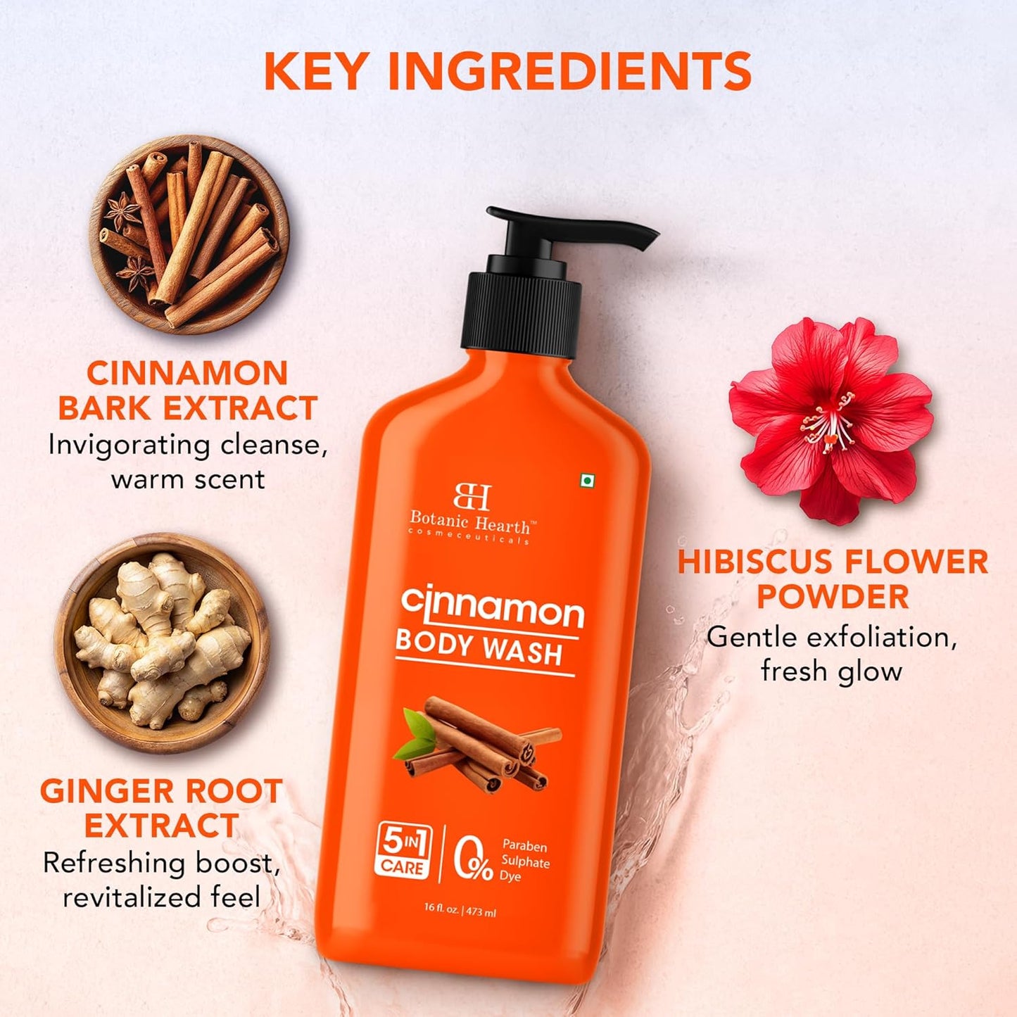 Botanic Hearth Cinnamon Body Wash | Invigorating Shower Gel with Natural Cinnamon Extract | 5-in-1 Care Formula | Paraben & Sulphate Free | Gentle Hydrating Body Cleanser for All Skin Types | 16 fl oz